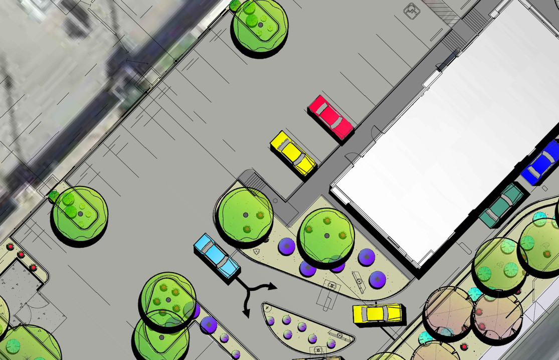 An illustrated aerial view presents a vibrant parking lot filled with colorful cars, trees, and abstract shapes, nestled near a large building that feels like home.