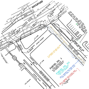 A technical drawing of a city plan showcases streets, parcels, and various measurements in black, red, and blue text. Essential services like water and electricity are highlighted to ensure seamless urban living.